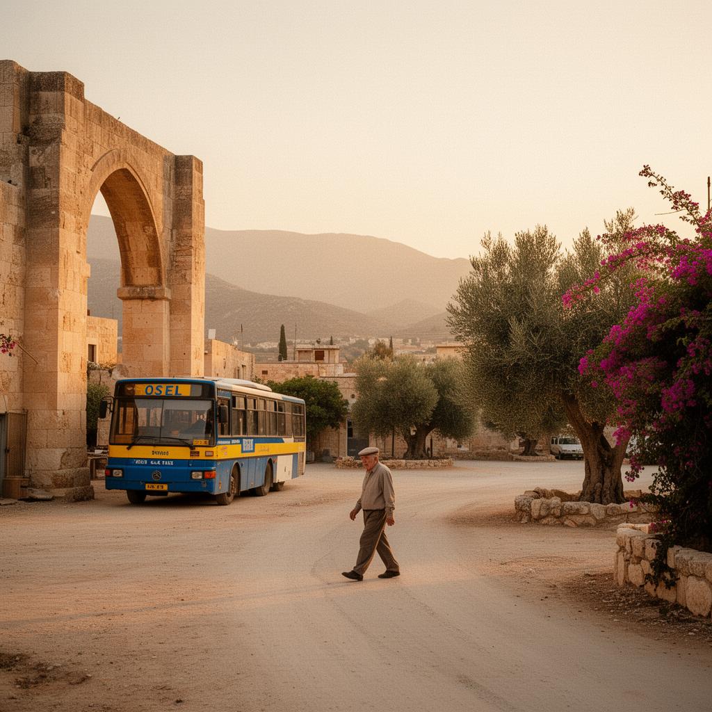 An OSEL public bus parked beneath a stone arch in a sun-bleached Cypriot village at golden hour.